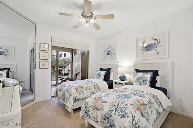 bedroom with access to exterior, carpet, baseboards, and a ceiling fan