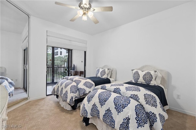 bedroom with baseboards, a ceiling fan, access to outside, and carpet