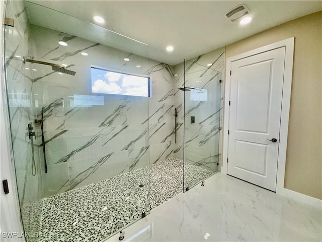 bathroom with recessed lighting, marble finish floor, visible vents, and a marble finish shower