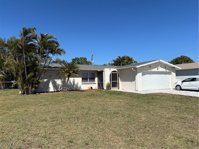 ranch-style home with a front lawn, concrete driveway, an attached garage, and stucco siding