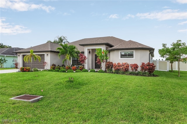 view of front facade with a garage, fence, driveway, stucco siding, and a front lawn