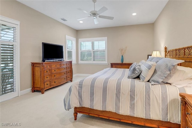 bedroom with baseboards, visible vents, ceiling fan, carpet flooring, and recessed lighting