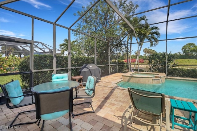 exterior space featuring outdoor dining space, a lanai, a pool with connected hot tub, and area for grilling