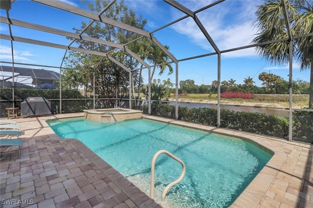 view of pool featuring a lanai, a patio area, a grill, and a water view