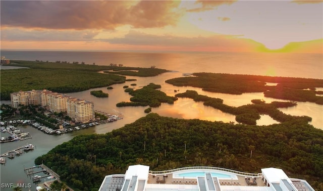 drone / aerial view featuring a water view