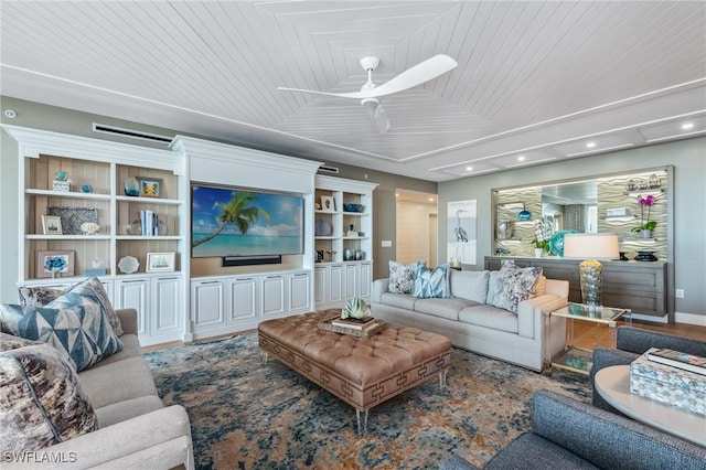 living room featuring ceiling fan, wood finished floors, and wood ceiling