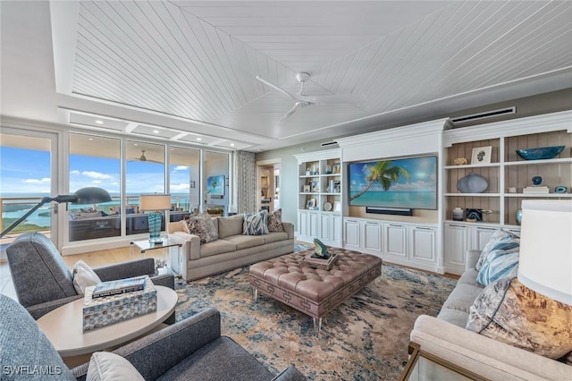 living room featuring wooden ceiling, ceiling fan, and wood finished floors