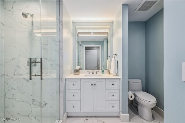 full bath with toilet, marble finish floor, a marble finish shower, and visible vents