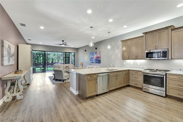 kitchen with visible vents, a peninsula, a sink, stainless steel appliances, and open floor plan