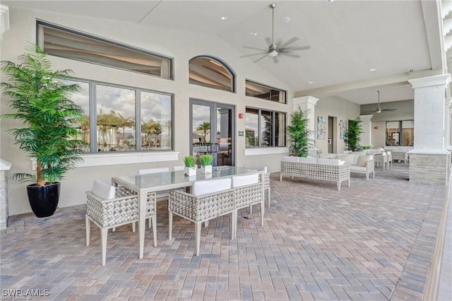 view of patio / terrace featuring outdoor lounge area, outdoor dining area, and a ceiling fan