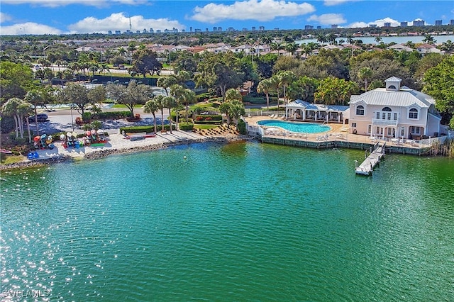 drone / aerial view featuring a water view