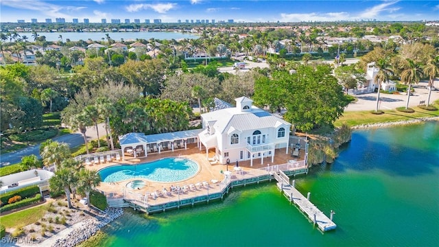 aerial view featuring a water view