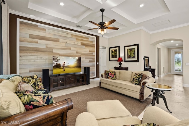 12108 Sussex St, Fort Myers, FL 33913 - tiled living area featuring ceiling fan, arched walkways, crown molding, and recessed lighting