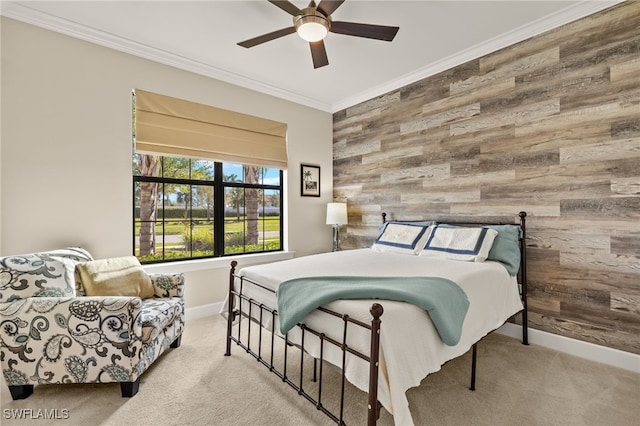 12108 Sussex St, Fort Myers, FL 33913 - carpeted bedroom featuring ceiling fan, wood walls, baseboards, and ornamental molding