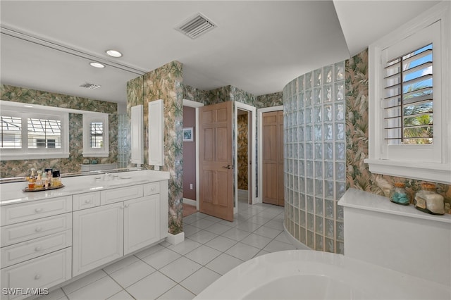 full bathroom with vanity, tile patterned flooring, visible vents, and wallpapered walls