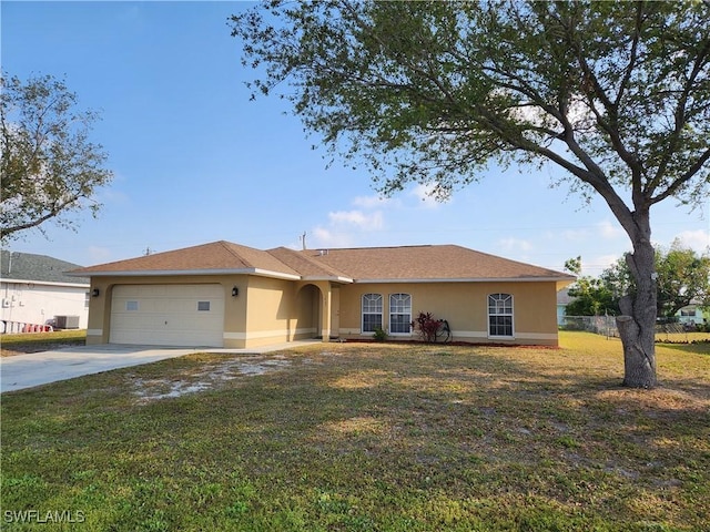 single story home with an attached garage, cooling unit, driveway, stucco siding, and a front lawn