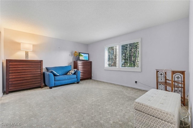 living area featuring baseboards, carpet, and a textured ceiling