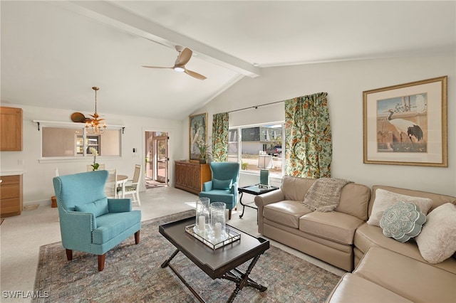 living room featuring light carpet, vaulted ceiling with beams, ceiling fan, and baseboards