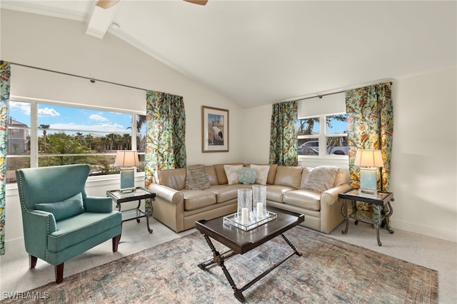 carpeted living room with lofted ceiling with beams and baseboards