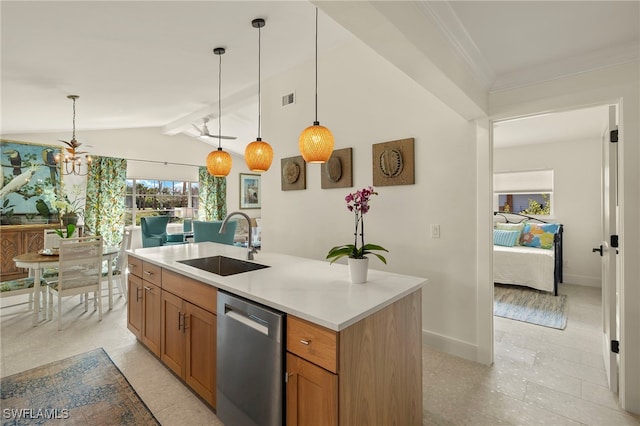 kitchen featuring dishwasher, lofted ceiling with beams, a sink, and decorative light fixtures