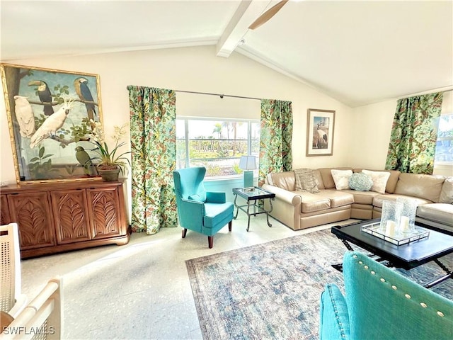 living area featuring lofted ceiling with beams