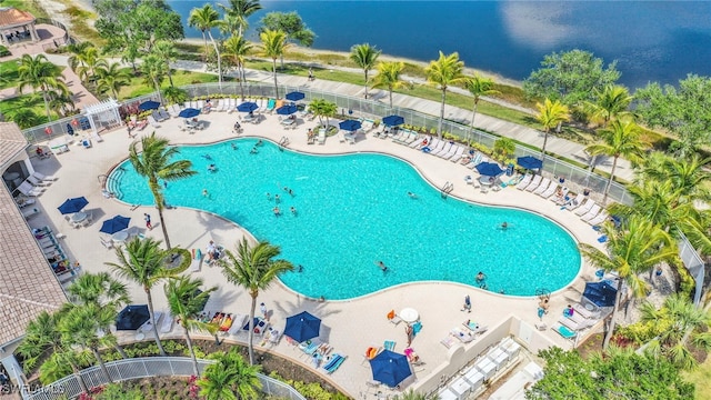 aerial view of a pool area