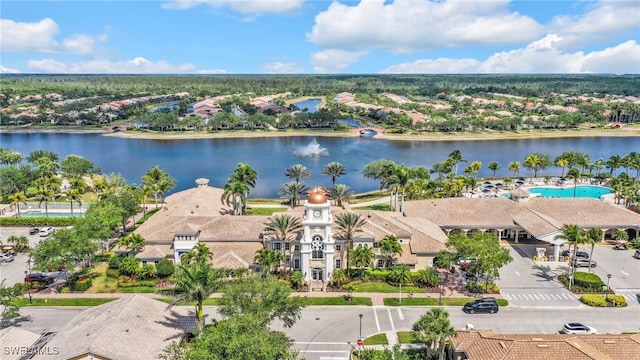aerial view with a water view and a residential view