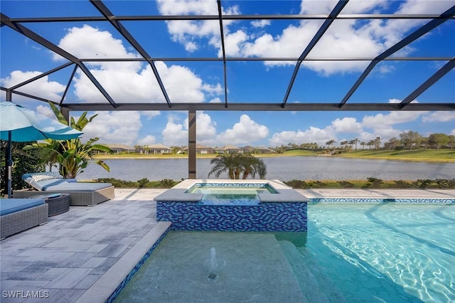 view of pool with a patio area, a lanai, and a water view