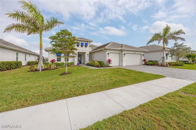 view of front facade with stucco siding, an attached garage, decorative driveway, and a front lawn