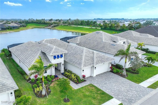 birds eye view of property featuring a water view