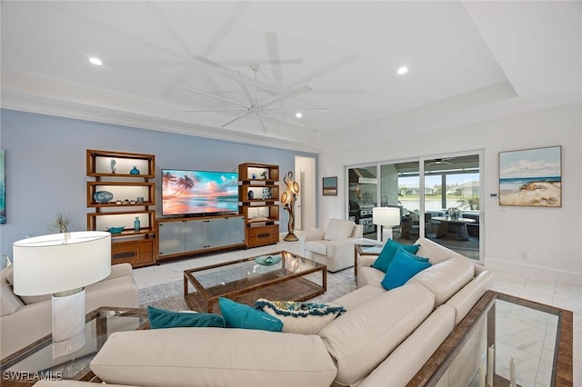 living room featuring recessed lighting, crown molding, and baseboards