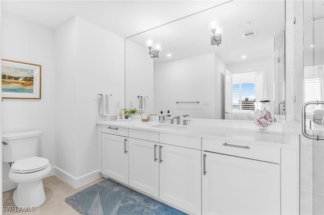 full bath with tile patterned flooring, toilet, vanity, baseboards, and a shower stall