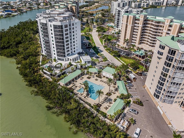 aerial view featuring a water view and a city view