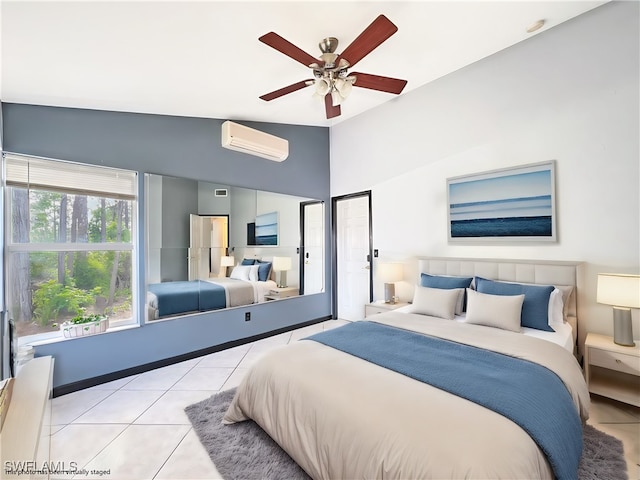 bedroom with light tile patterned floors, ceiling fan, vaulted ceiling, and an AC wall unit