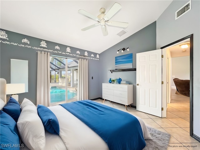 bedroom with light tile patterned floors, lofted ceiling, visible vents, and access to exterior