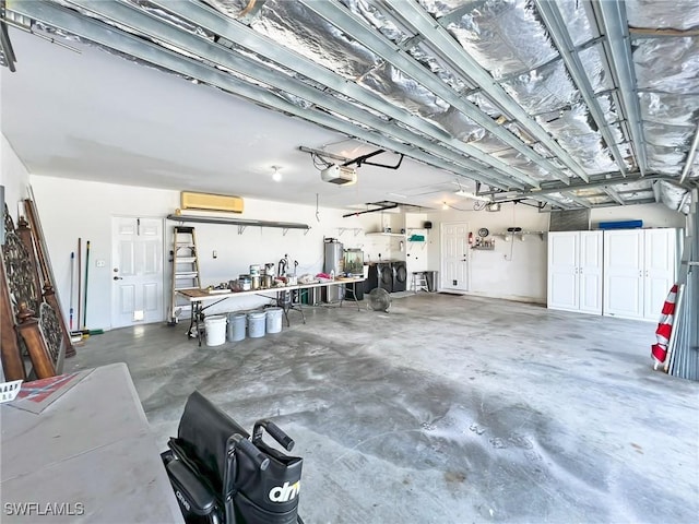 garage featuring a garage door opener and an AC wall unit