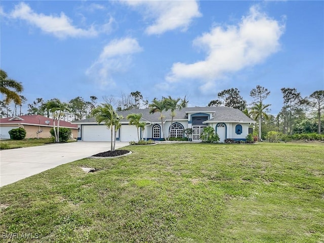 view of front of property with a garage, driveway, and a front yard