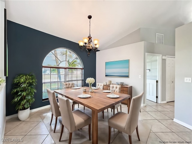 dining space featuring visible vents, vaulted ceiling, a notable chandelier, and light tile patterned floors