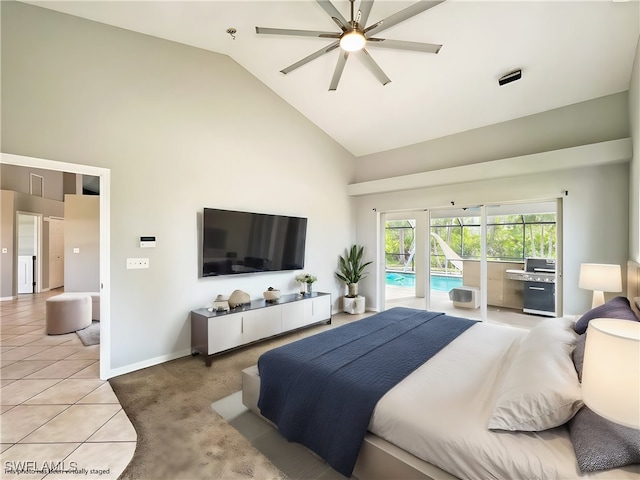 bedroom with light tile patterned floors, high vaulted ceiling, a ceiling fan, baseboards, and access to exterior