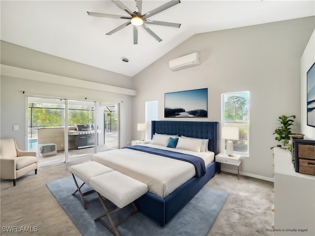 bedroom featuring access to exterior, multiple windows, high vaulted ceiling, and a wall mounted air conditioner