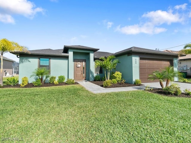 view of front facade with a garage, a front yard, concrete driveway, and stucco siding