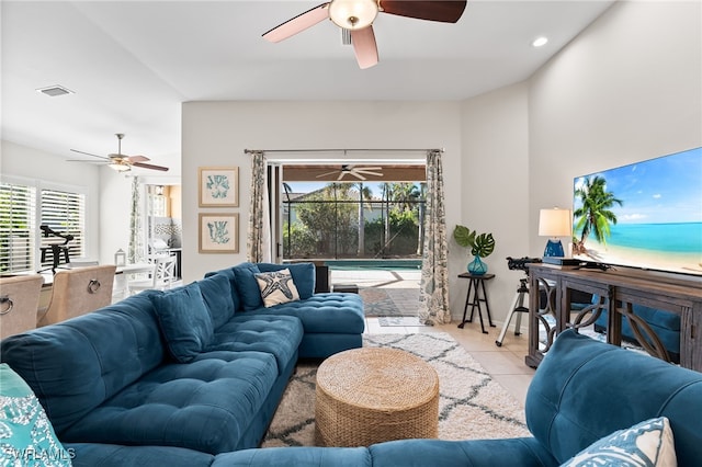 living room with recessed lighting, visible vents, a sunroom, ceiling fan, and tile patterned floors