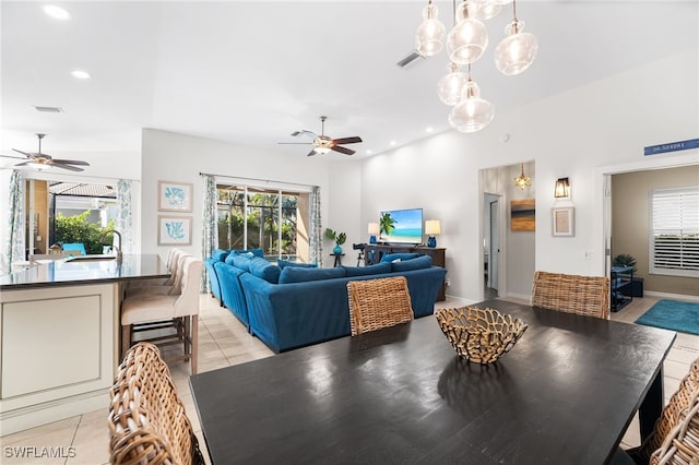 dining space with light tile patterned floors, ceiling fan, visible vents, and recessed lighting