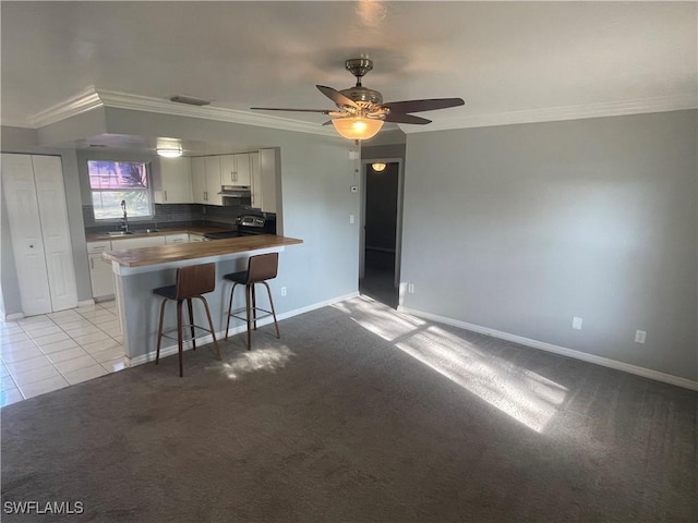 kitchen featuring light colored carpet, crown molding, under cabinet range hood, and a peninsula