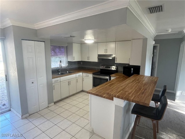 kitchen featuring visible vents, wooden counters, a sink, under cabinet range hood, and stainless steel electric range