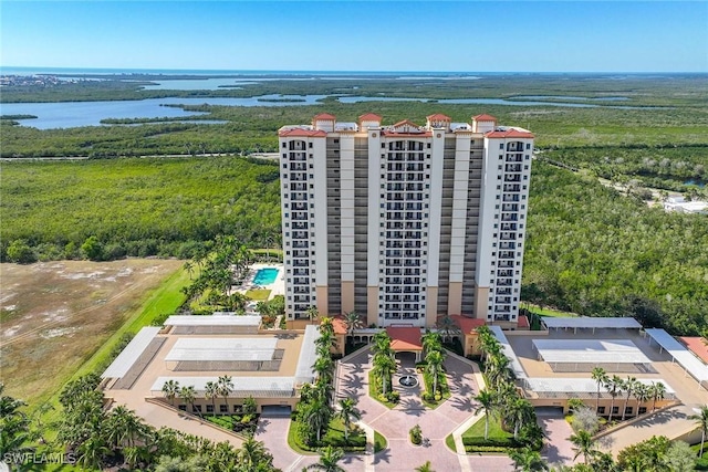 drone / aerial view featuring a water view