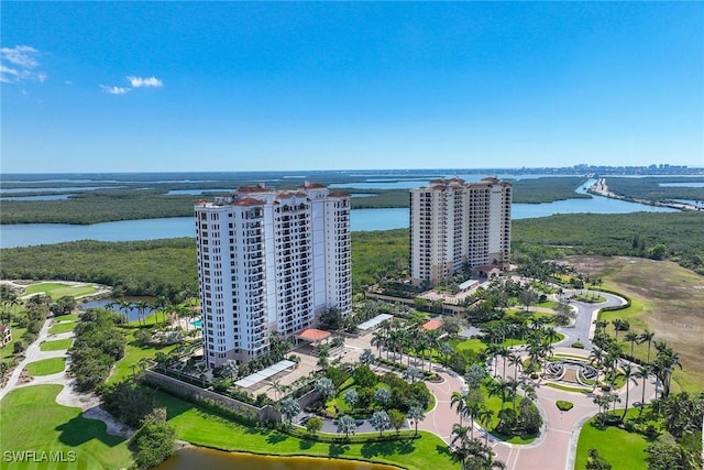 drone / aerial view with a water view and a city view