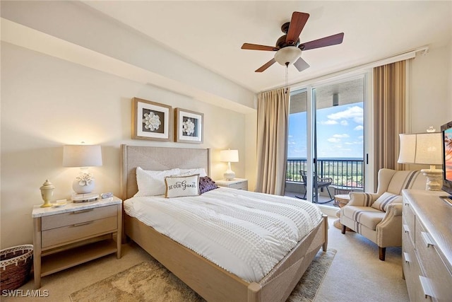 bedroom with ceiling fan, light colored carpet, and access to exterior