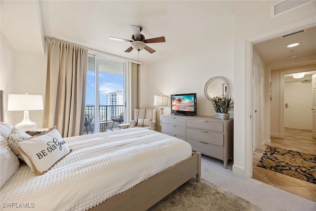 bedroom featuring visible vents, light carpet, ceiling fan, access to outside, and baseboards