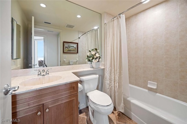 full bath with toilet, shower / tub combo with curtain, tile patterned floors, vanity, and recessed lighting